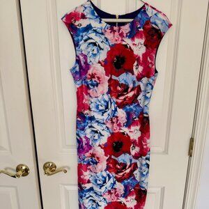 Vince Camuto Floral Sheath Dress Navy Red Lined Sz 10 Medium